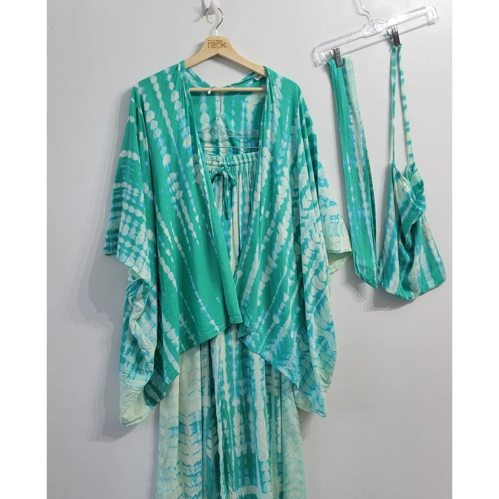 Style Park-J Tie Dye 3-Piece Set Women Turquoise Kimono Pants Bag Resort  Elasti